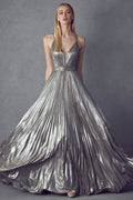 Pleated V-Neck Embellished Metallic Open Criss Cross Back Long Prom Dress JT226
