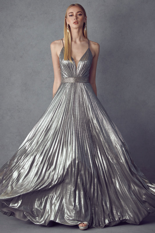 Pleated V-Neck Embellished Metallic Open Criss Cross Back Long Prom Dress JT226