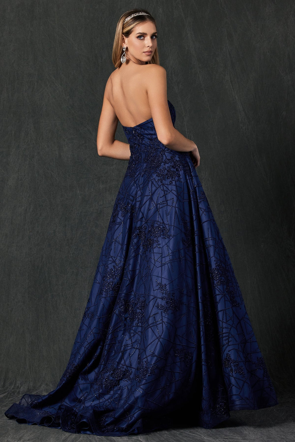 Embroidered Lace Strapless A-Line Open Back Long Prom Dress JT692
