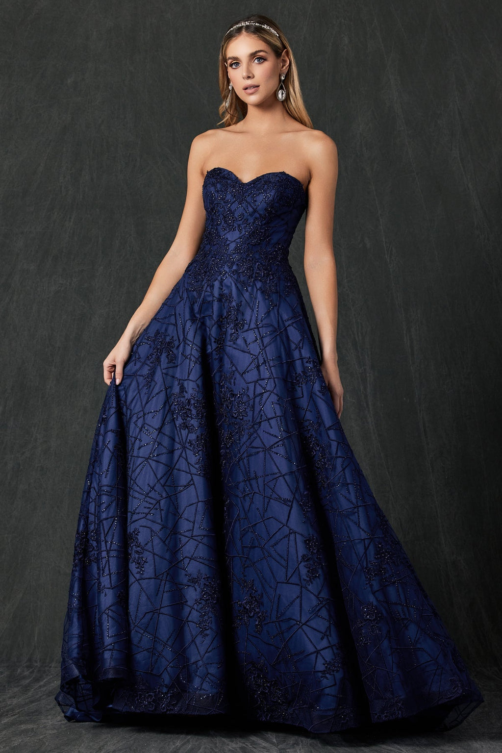 Embroidered Lace Strapless A-Line Open Back Long Prom Dress JT692