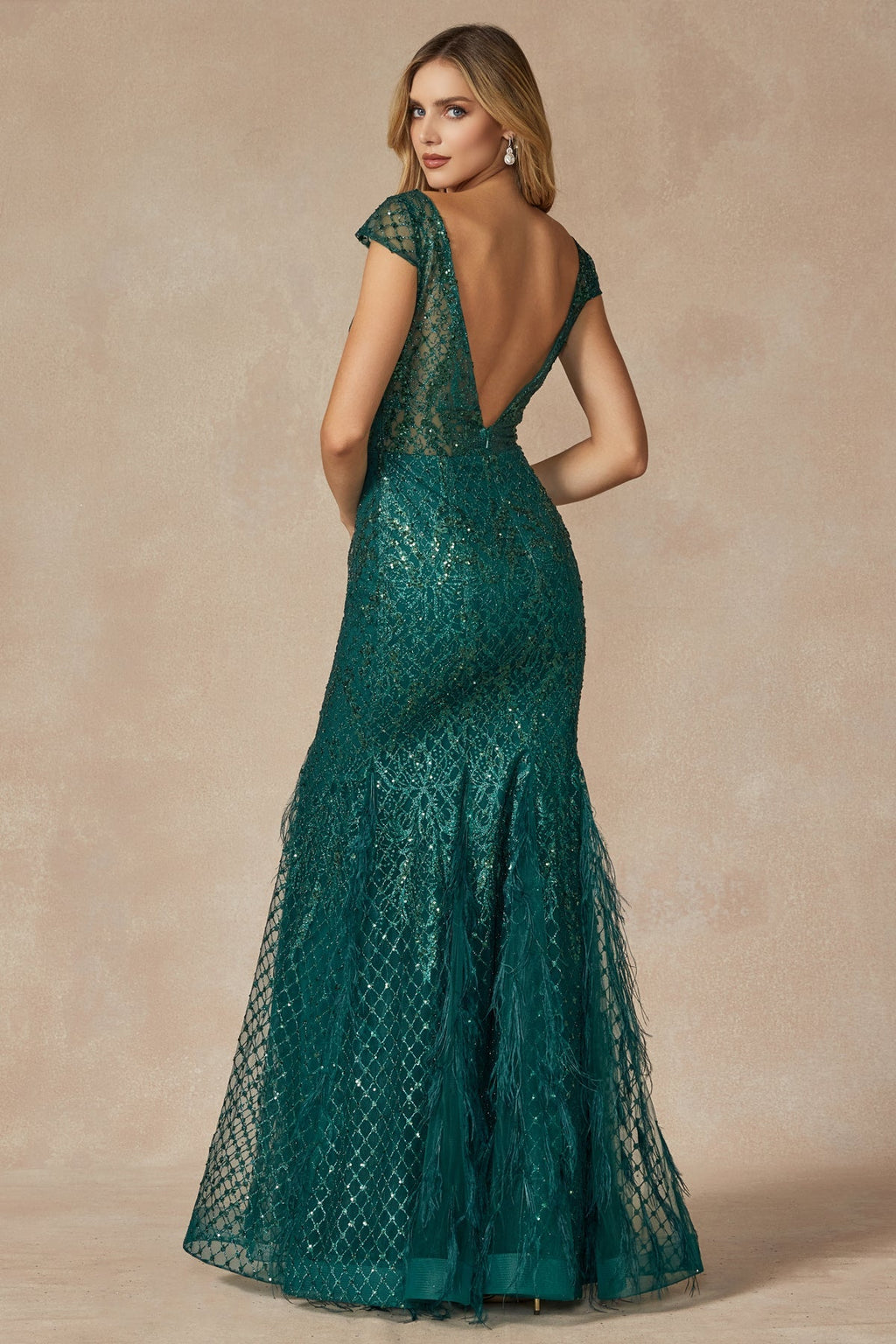 Feather Skirt Mermaid Open V-Back Illusion Sweetheart Long Prom Dress JT286