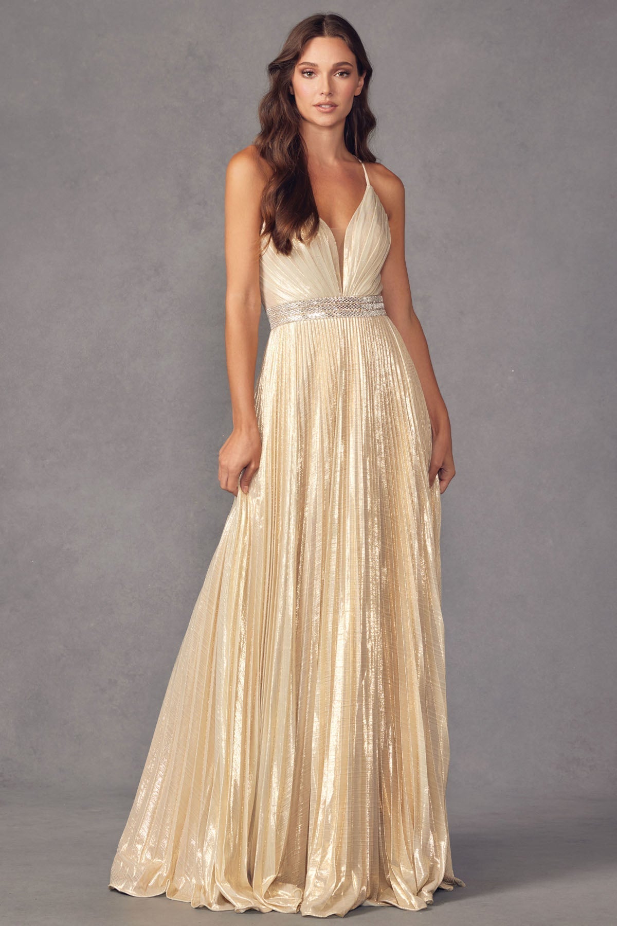 Pleated V-Neck Embellished Metallic Open Criss Cross Back Long Prom Dress JT226