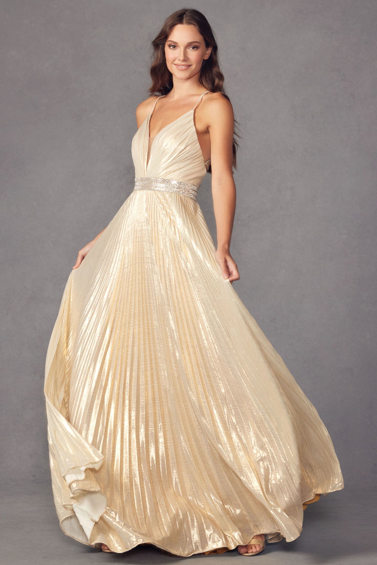 Pleated V-Neck Embellished Metallic Open Criss Cross Back Long Prom Dress JT226