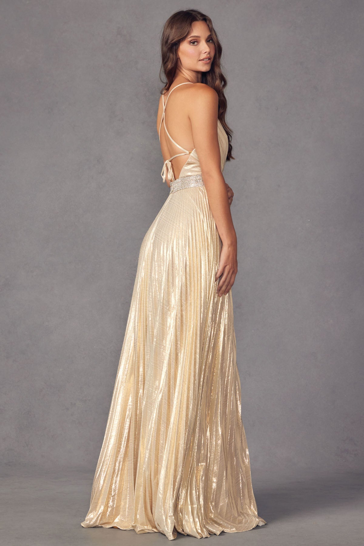 Pleated V-Neck Embellished Metallic Open Criss Cross Back Long Prom Dress JT226