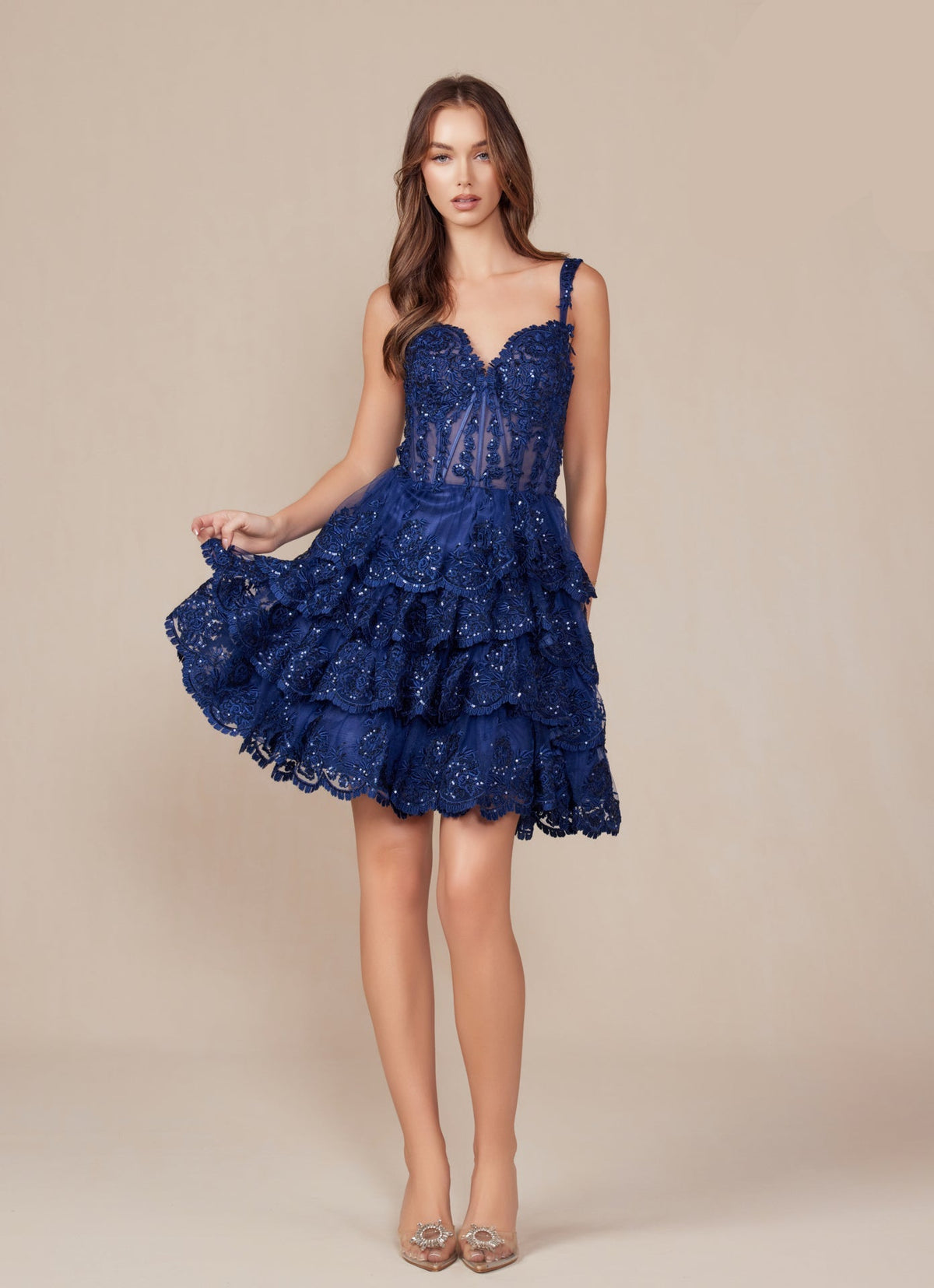 Mini Delicate Lace Embellished Homecoming Dress w/ Corset Bodice & Layered Skirt NXR880