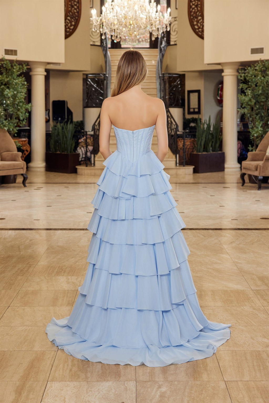 Multilayered Strapless Prom Gown w/ Corset Bodice & Zip Back NXY1806