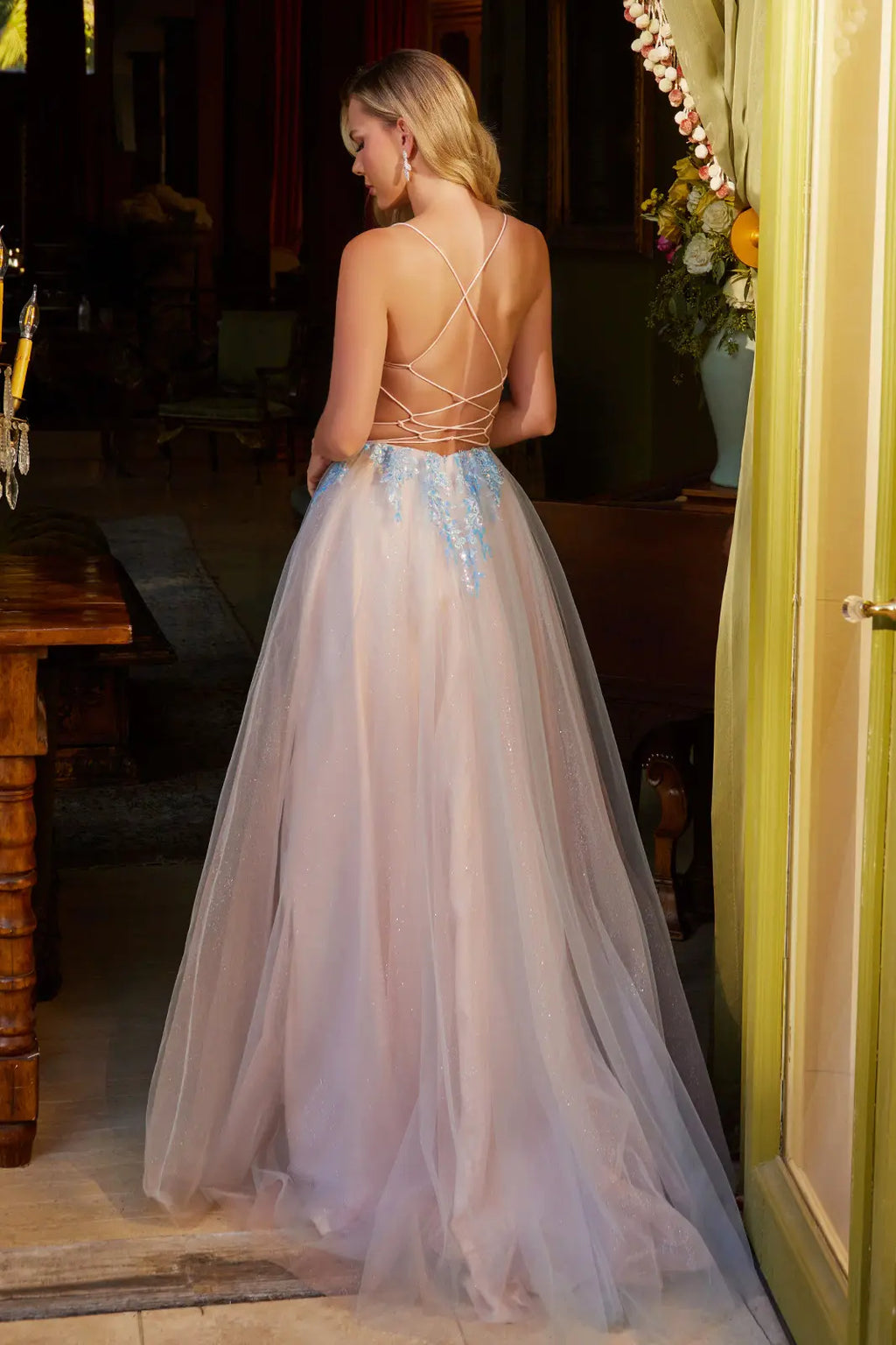 Glitter sequin sheer corset bodice mesh a line long dress GLGL3251