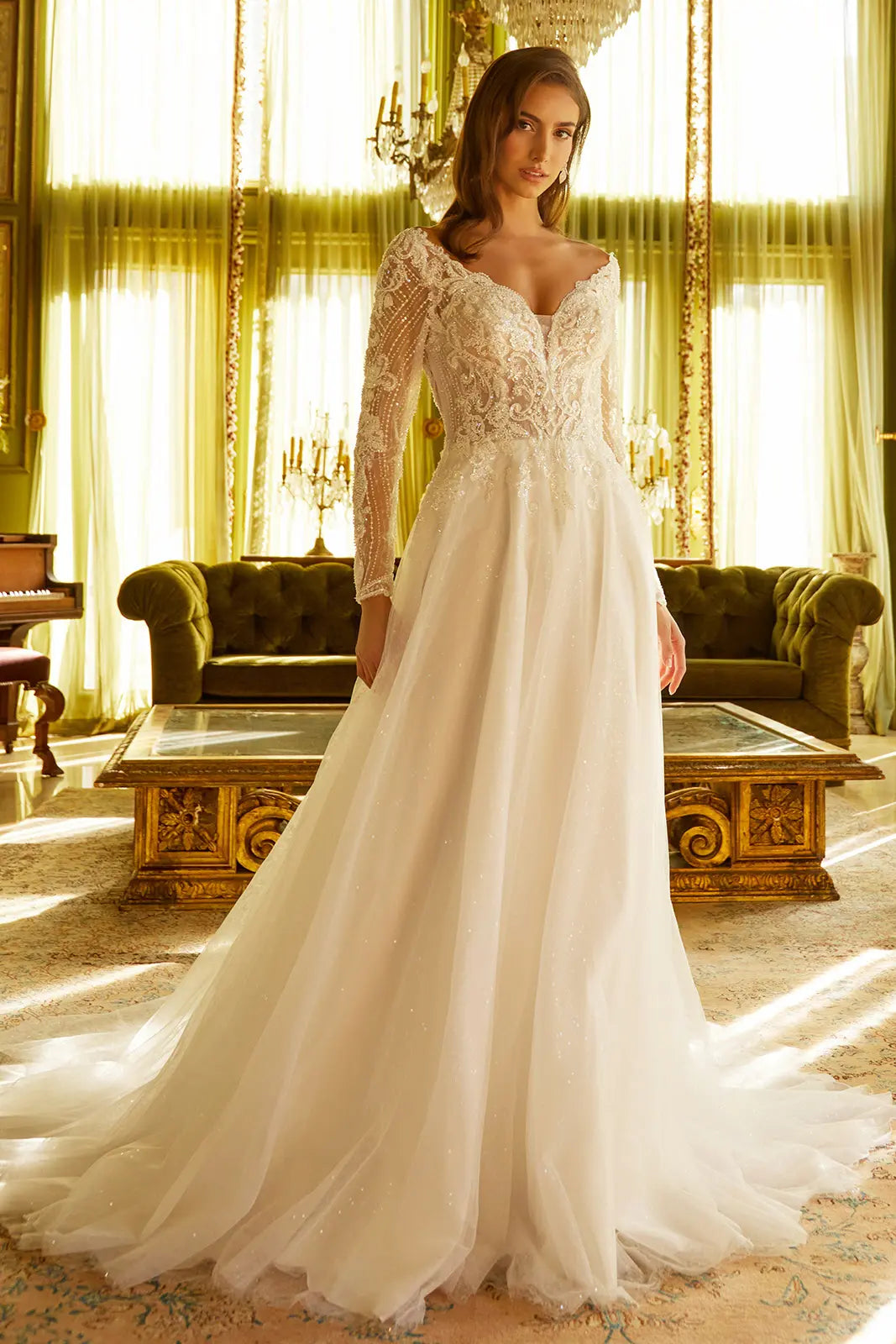 Embellished long sleeve v back dress with train GLGL3530