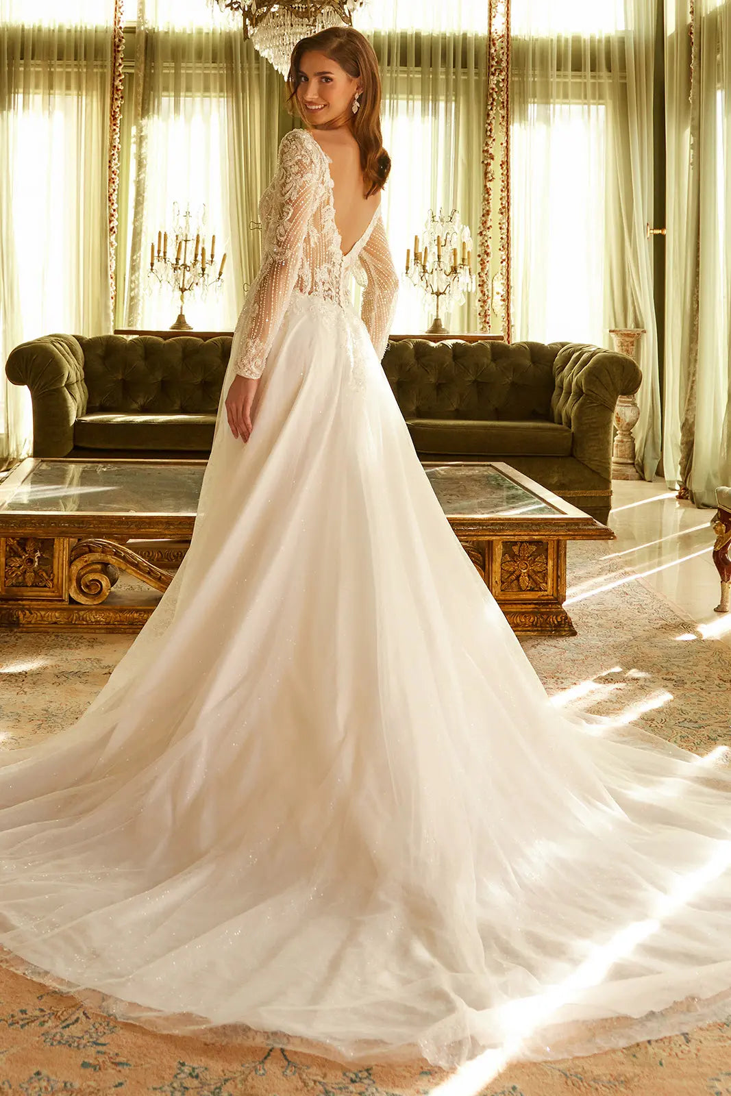 Embellished long sleeve v back dress with train GLGL3530