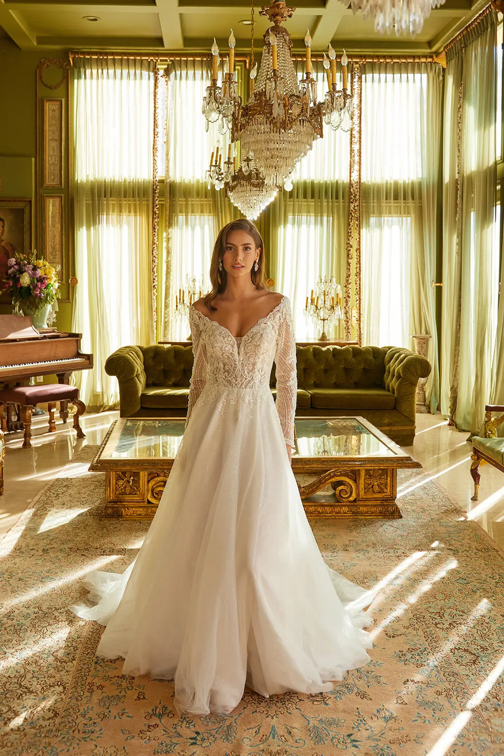 Embellished long sleeve v back dress with train GLGL3530