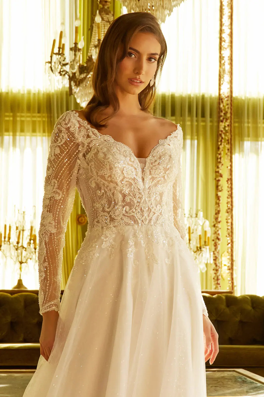 Embellished long sleeve v back dress with train GLGL3530