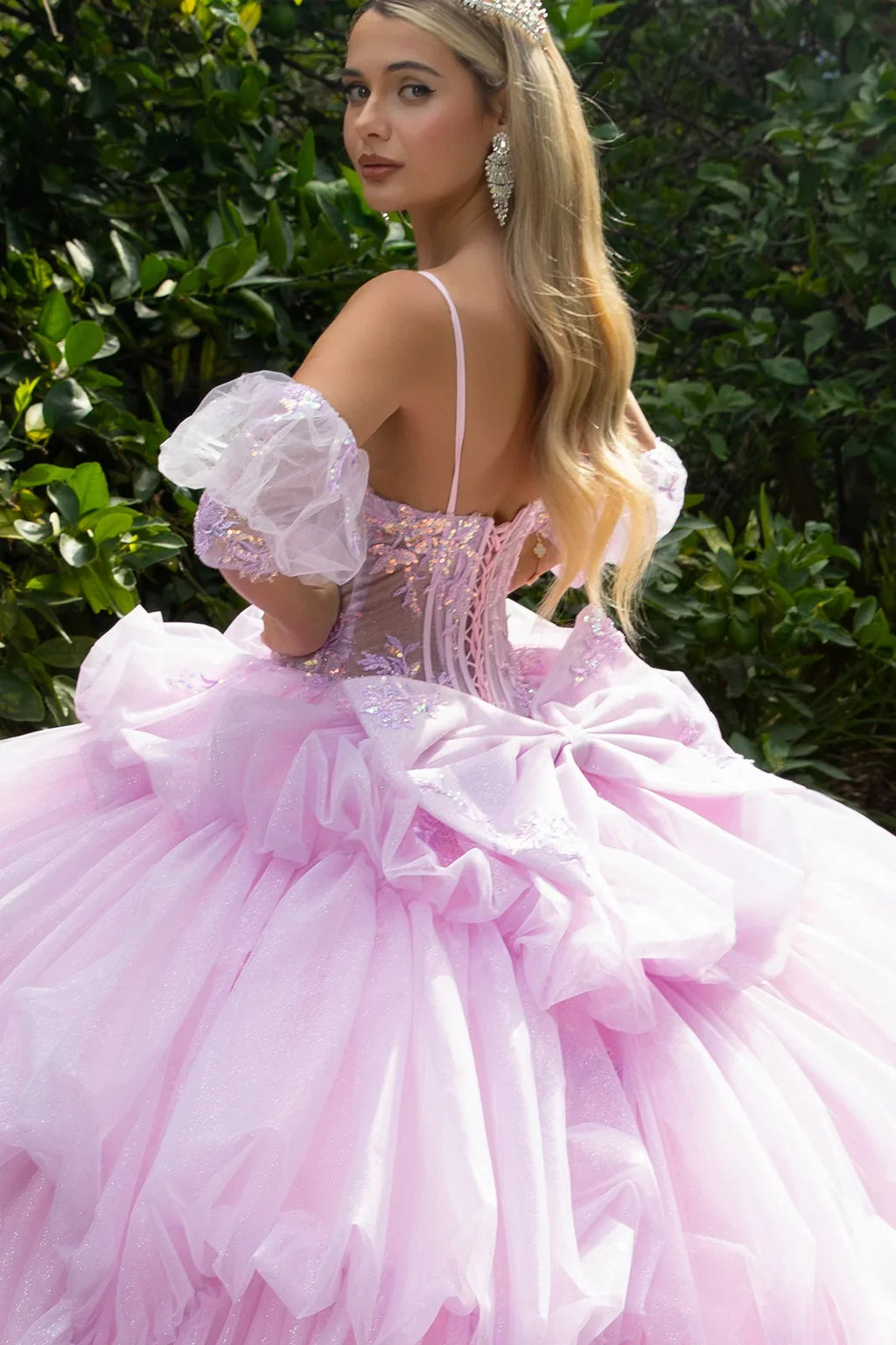 Embellished corset bubble hem layer train dress with glitter underlayer detachable back bow GLGL3546