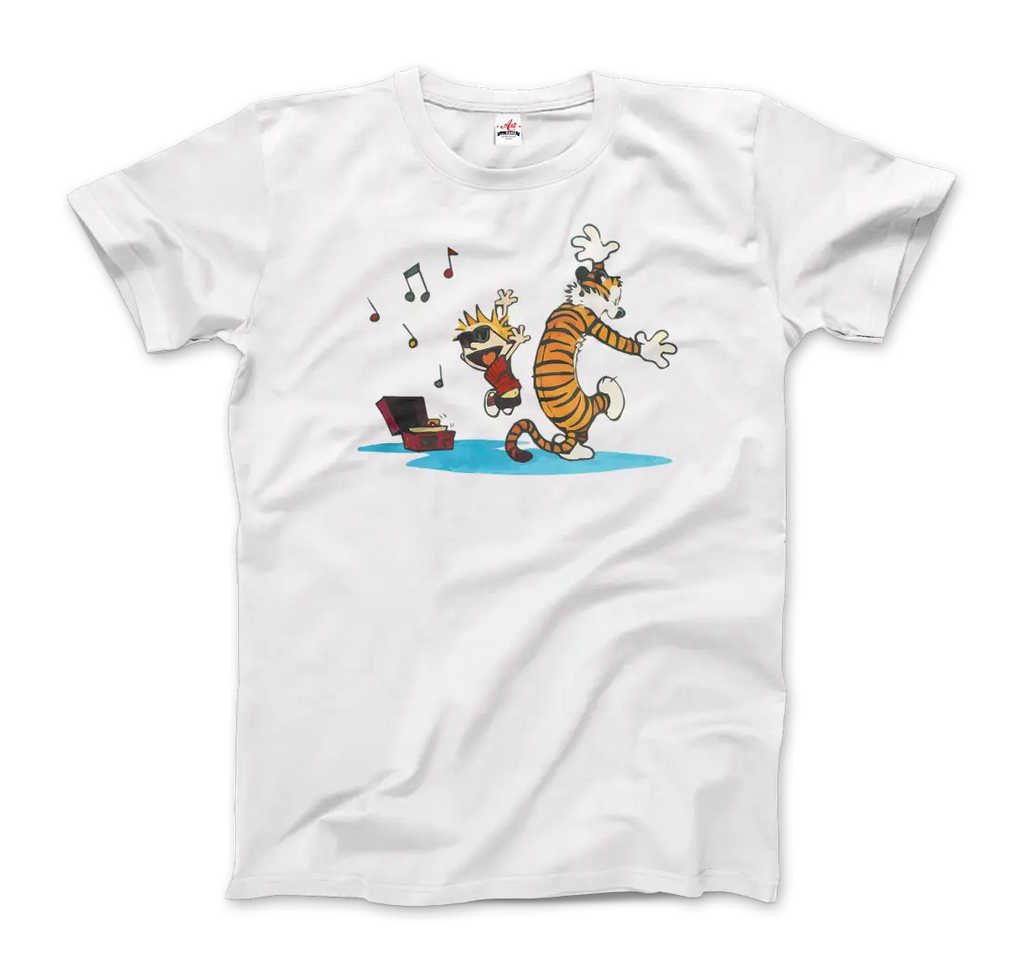 Calvin and Hobbes Dancing with Record Player t-shirt