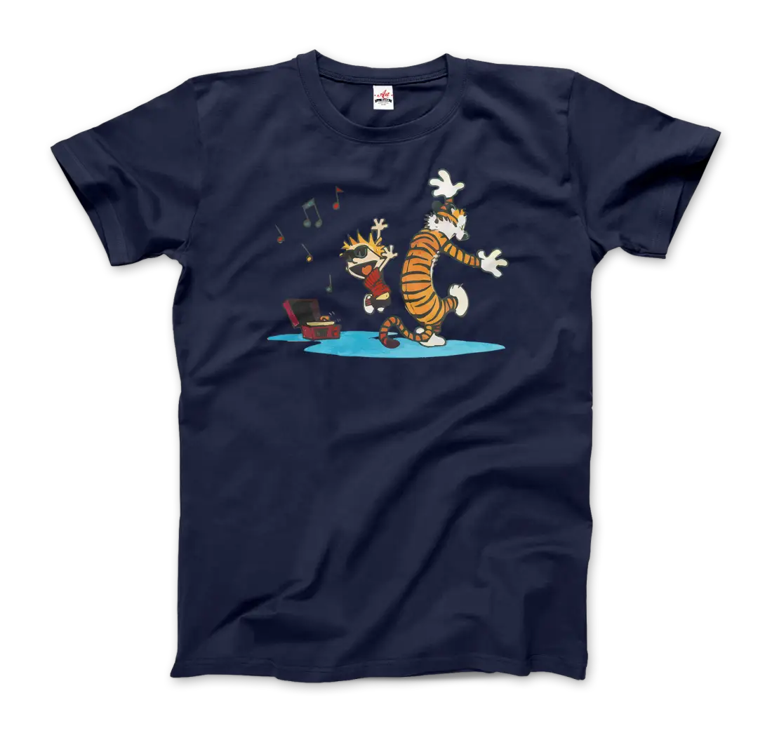 Calvin and Hobbes Dancing with Record Player t-shirt