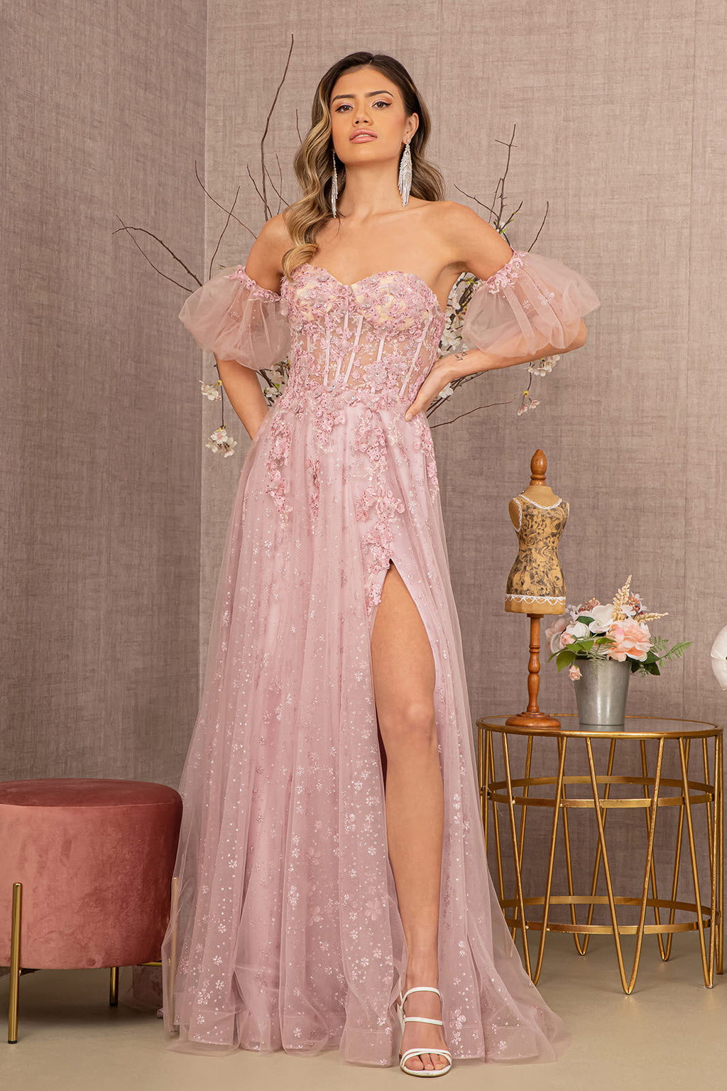 Strapless Sheer Bodice Mesh A-Line w/ Detachable Short Mesh Sleeves Long Prom Dress GLGL3126