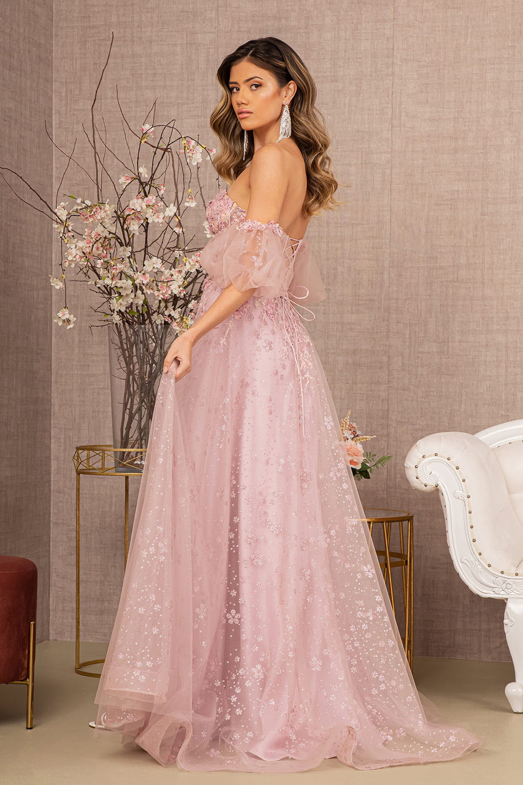 Strapless Sheer Bodice Mesh A-Line w/ Detachable Short Mesh Sleeves Long Prom Dress GLGL3126