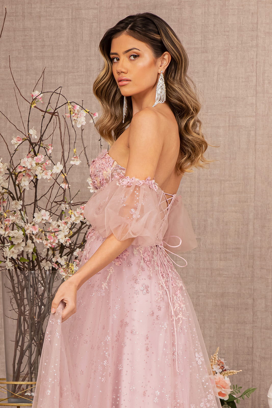 Strapless Sheer Bodice Mesh A-Line w/ Detachable Short Mesh Sleeves Long Prom Dress GLGL3126