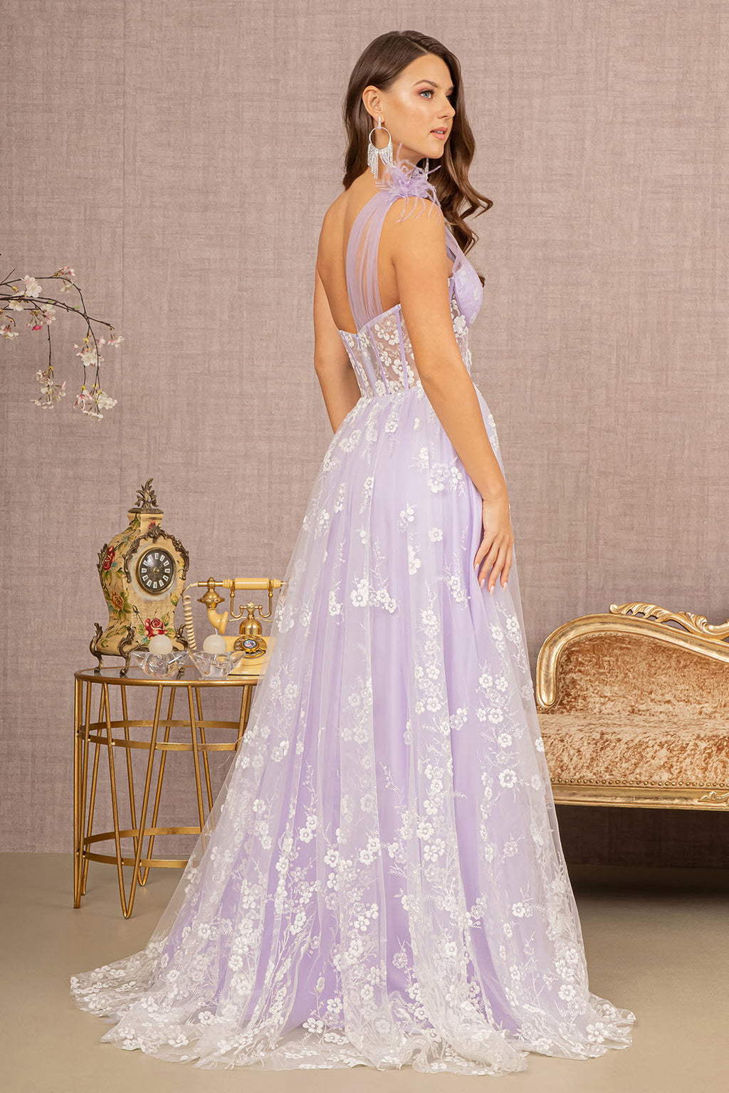 Feather Sheer Bodice Asymmetric A-line w/ Flower Applique Long Prom Dress GLGL3134