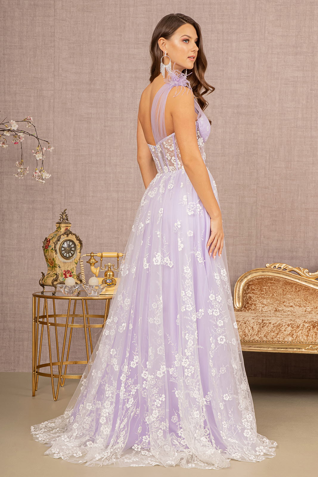 Feather Sheer Bodice Asymmetric A-line w/ Flower Applique Long Prom Dress GLGL3134