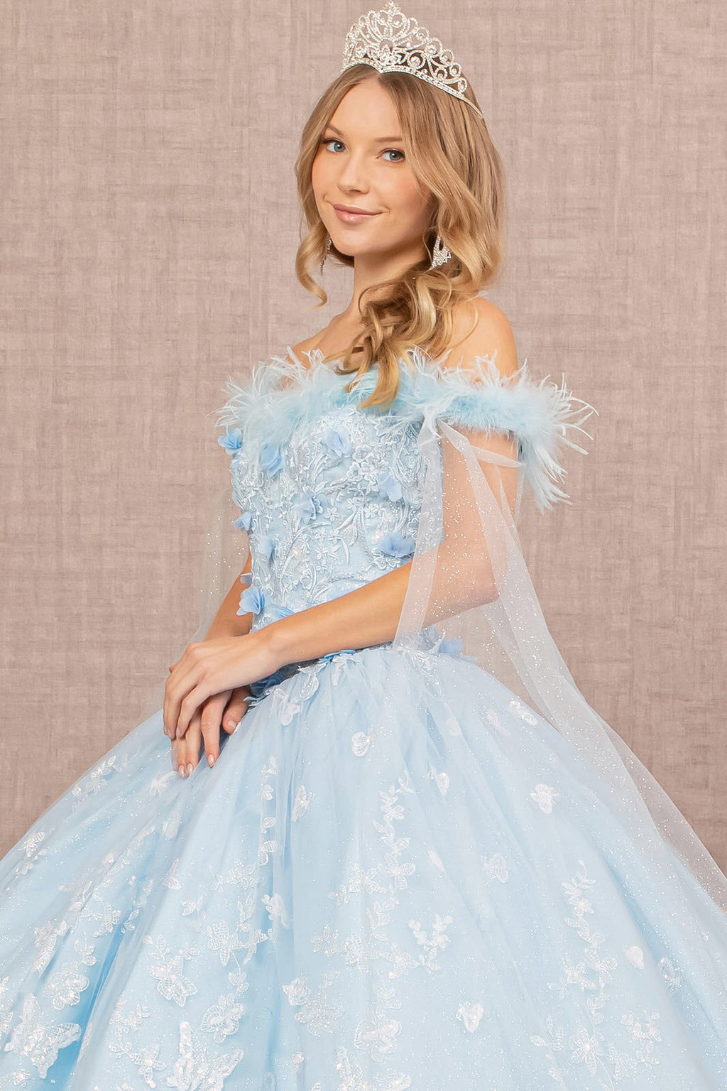 Feather 3D Flower w/ Detachable Side Mesh Layer Long Quinceanera Dress GLGL3166