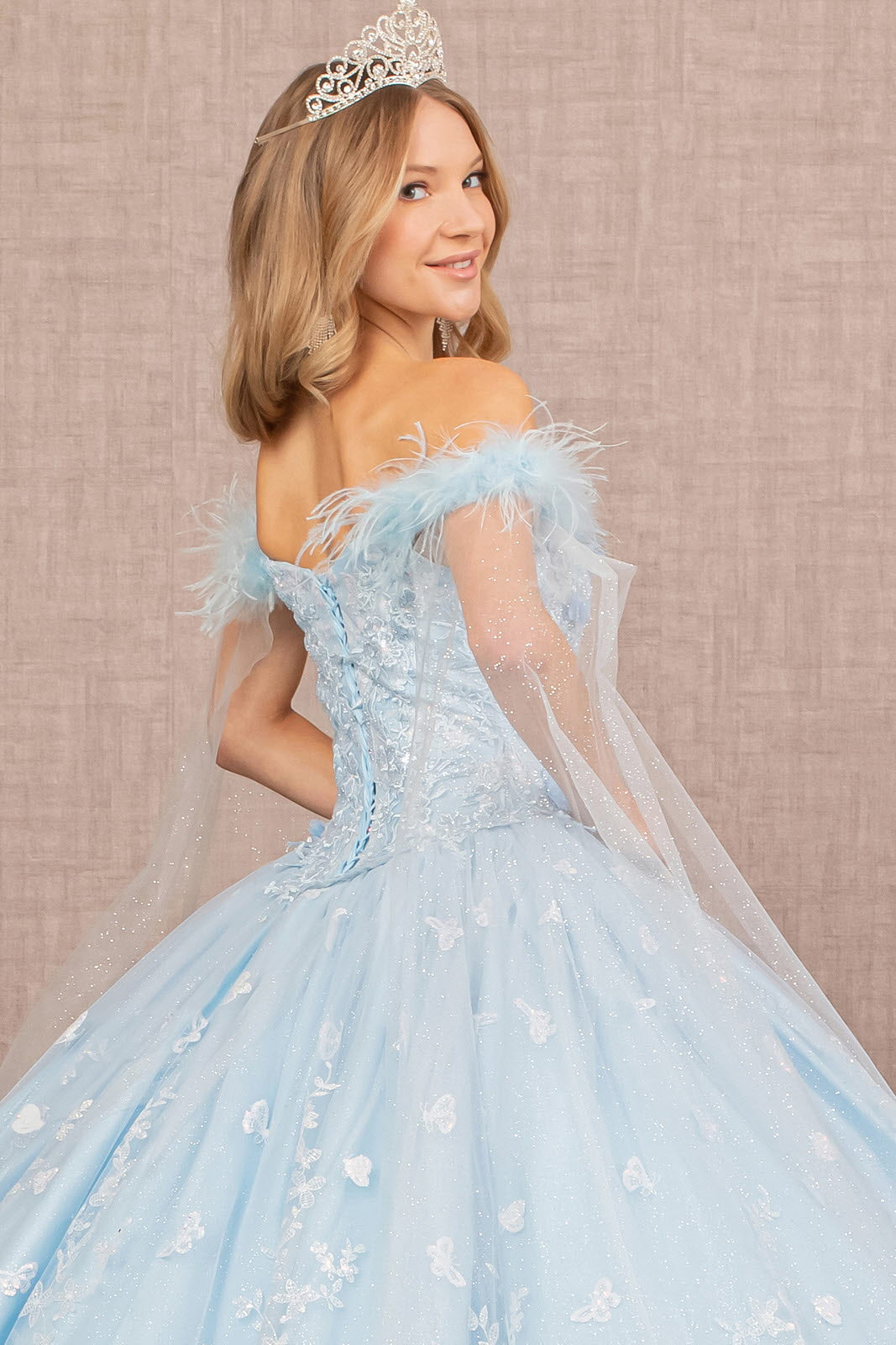 Feather 3D Flower w/ Detachable Side Mesh Layer Long Quinceanera Dress GLGL3166