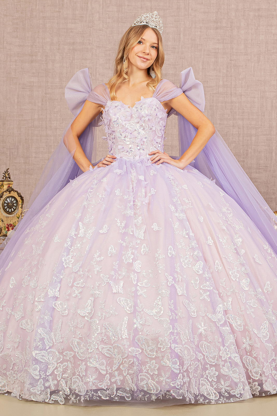 Jewel Glitter w/ Long Mesh Layer and Ribbons Long Quinceanera Dress GLGL3175