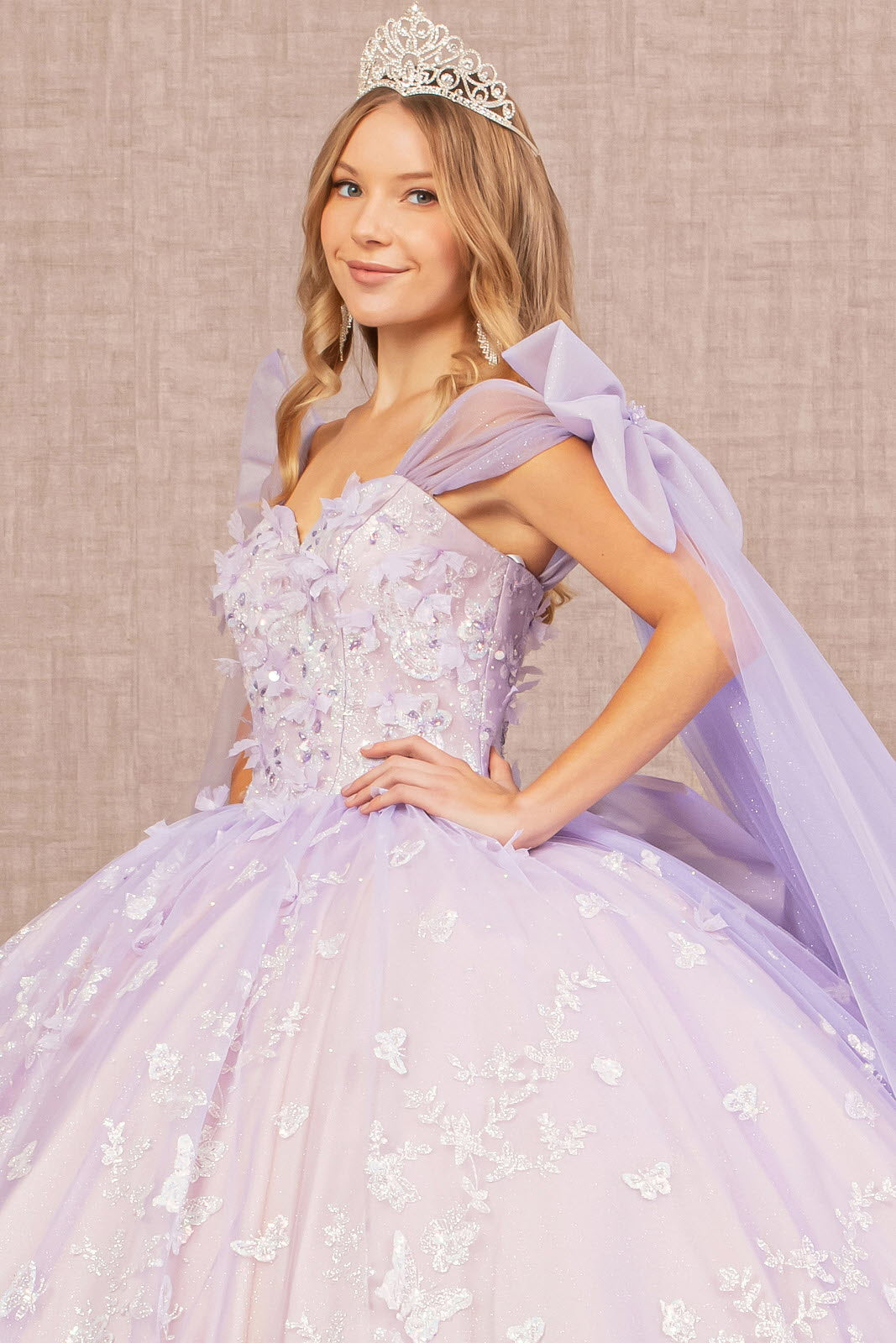 Jewel Glitter w/ Long Mesh Layer and Ribbons Long Quinceanera Dress GLGL3175