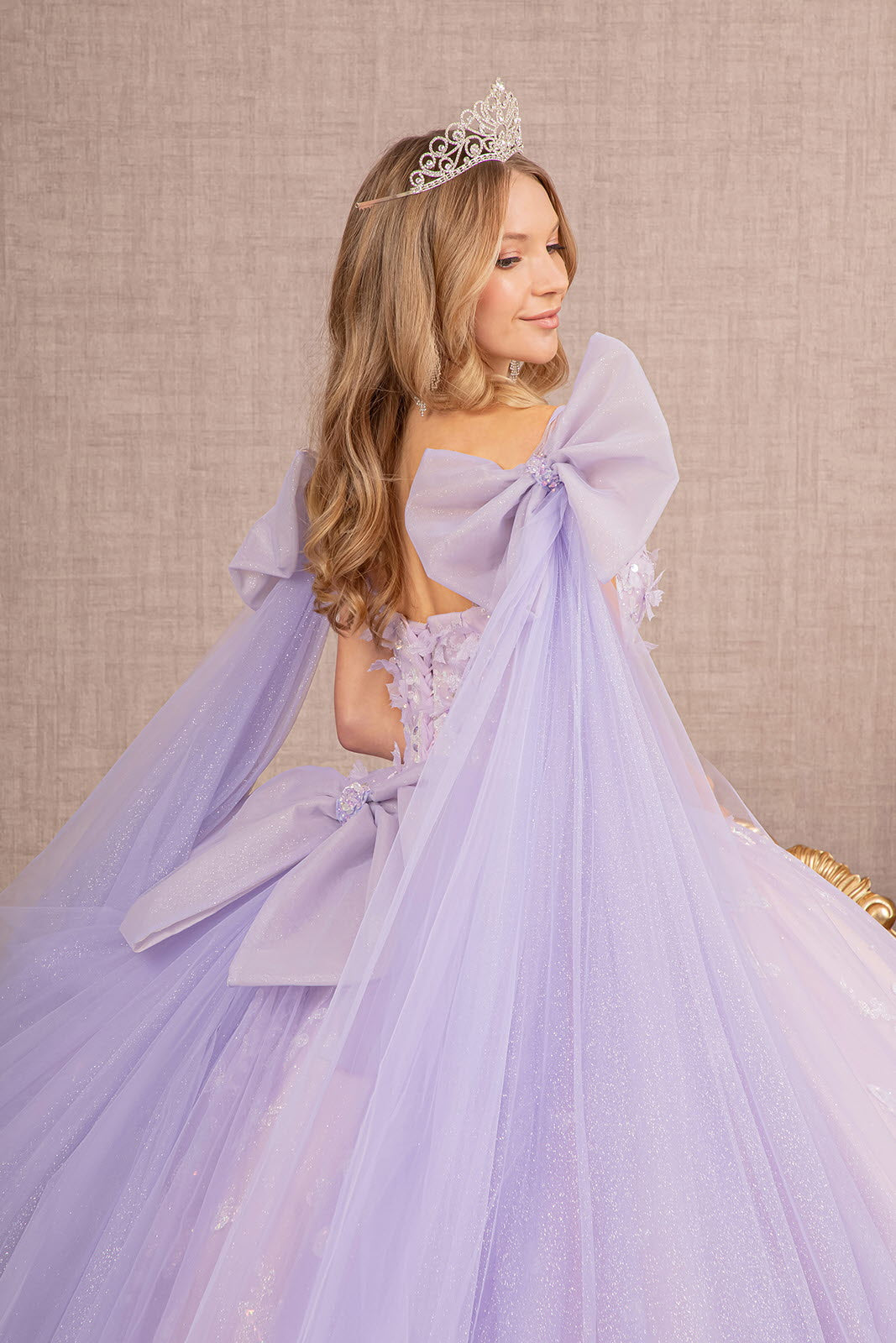 Jewel Glitter w/ Long Mesh Layer and Ribbons Long Quinceanera Dress GLGL3175