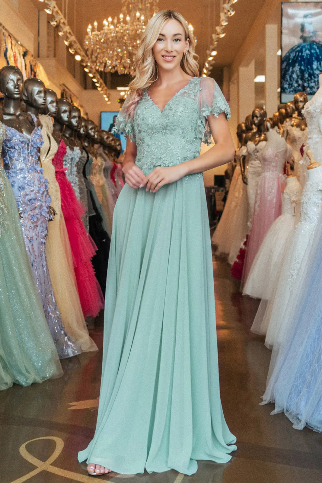 3 d flower embroidery chiffon a line long dress w sheer short sleeves GLGL3352
