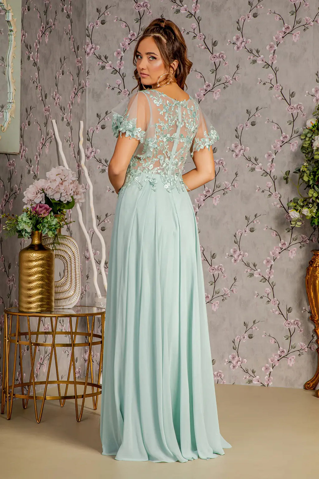 3 d flower embroidery chiffon a line long dress w sheer short sleeves GLGL3352
