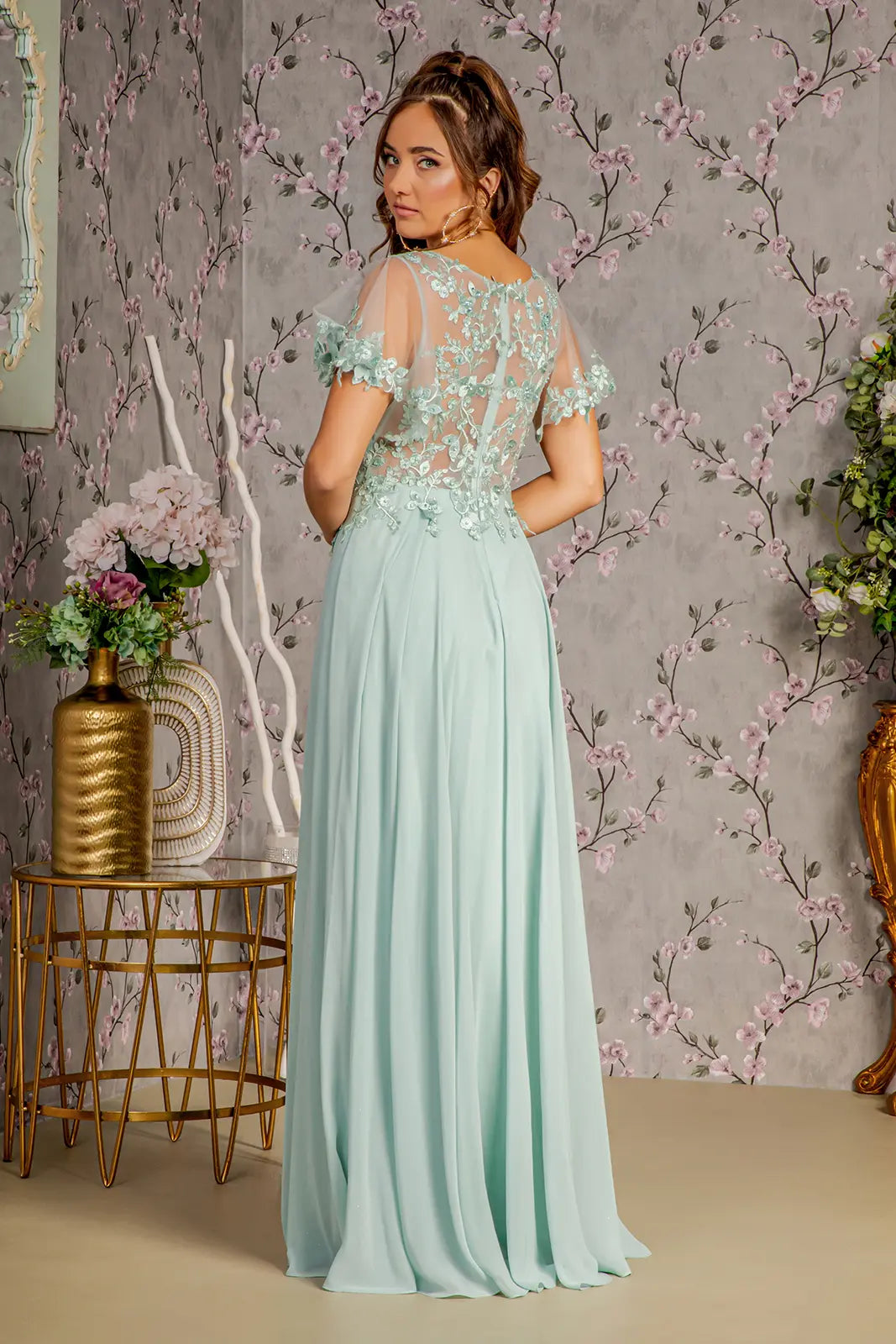3 d flower embroidery chiffon a line long dress w sheer short sleeves GLGL3352