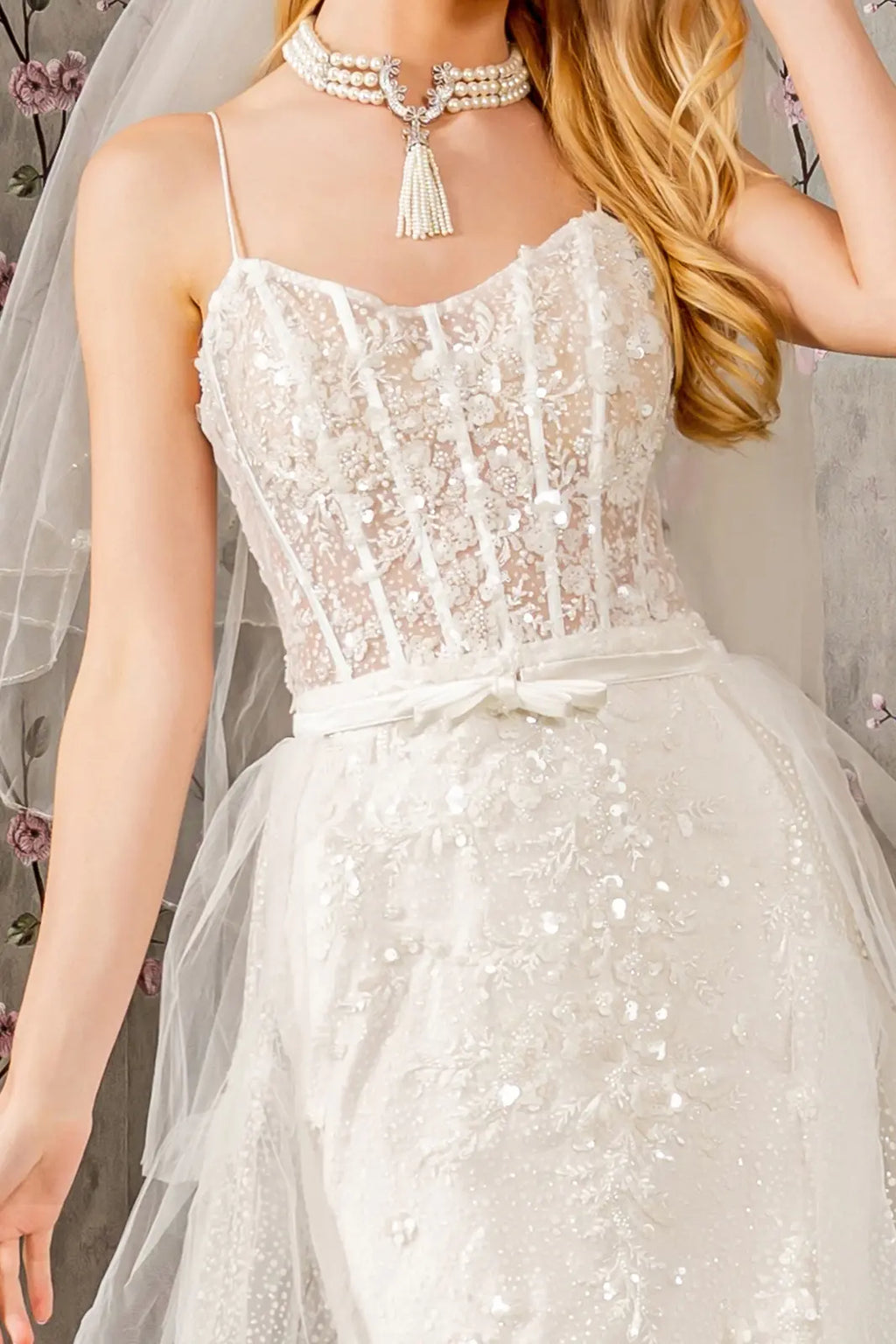 Embroidery bead mesh mermaid wedding gown w mesh long cape GLGL3425