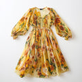 Women's Yellow Floral Chiffon Puff-Sleeve Midi Dress