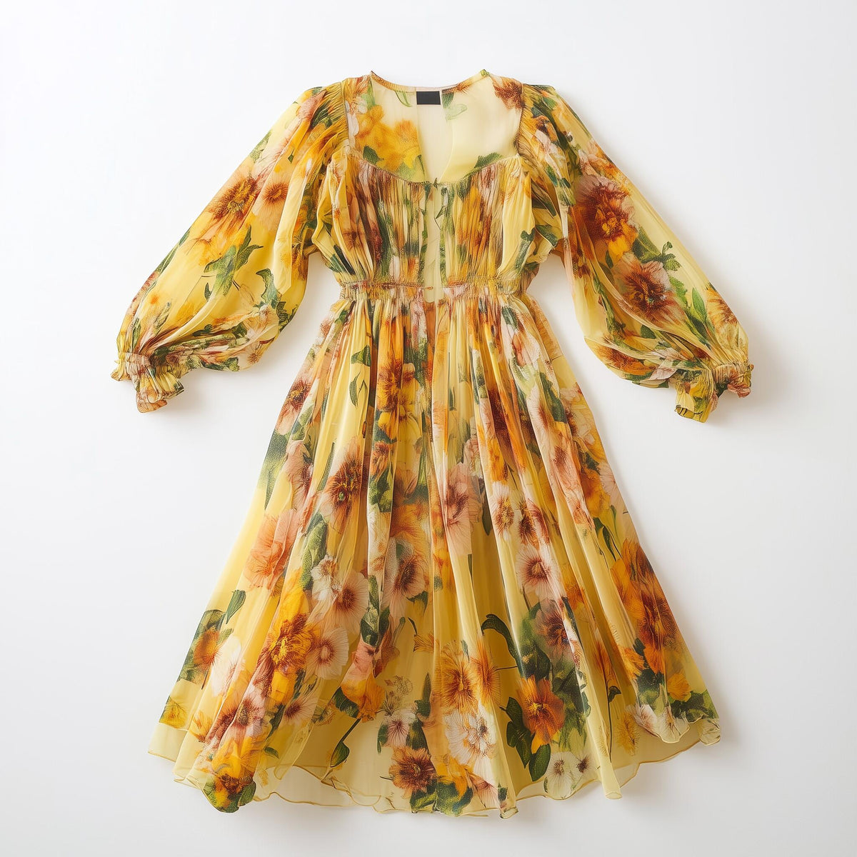 Women's Yellow Floral Chiffon Puff-Sleeve Midi Dress